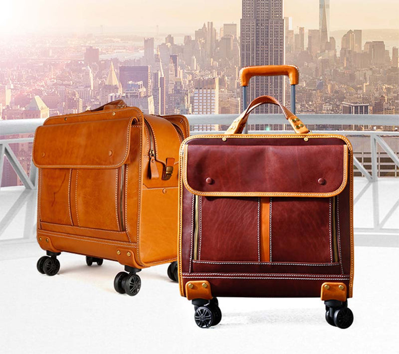 Genuine Vintage Italian Vegetable Tanned Leather 20-inch Carry-on Universal wheel Cabin Rolling Spinner Travel Luggage-0
