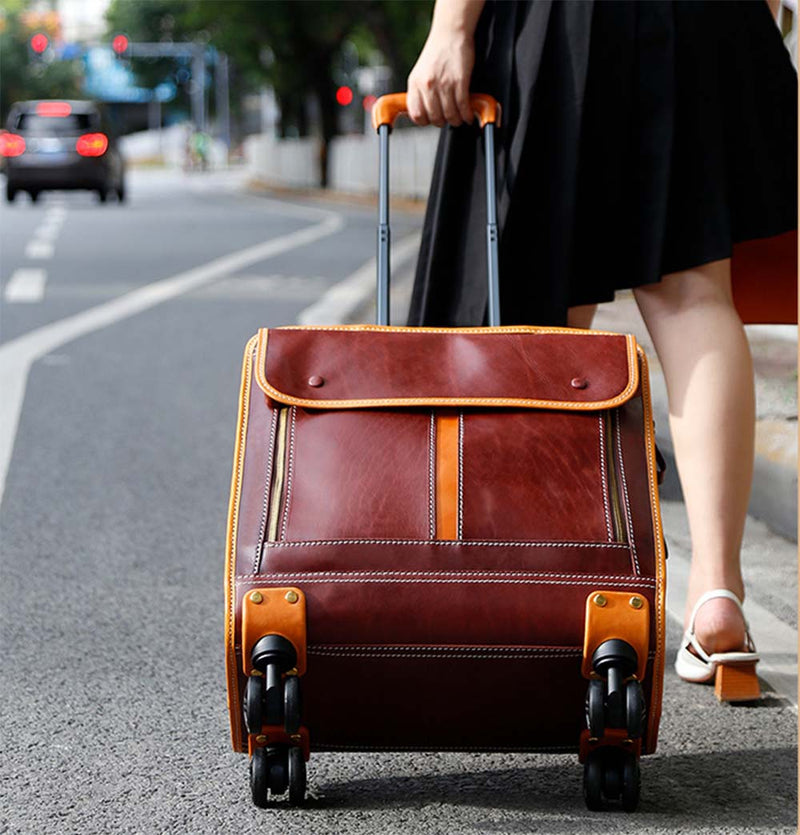 Genuine Vintage Italian Vegetable Tanned Leather 20-inch Carry-on Universal wheel Cabin Rolling Spinner Travel Luggage-20
