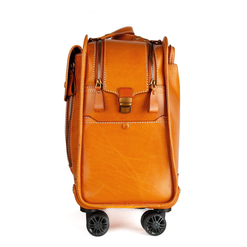 Genuine Vintage Italian Vegetable Tanned Leather 20-inch Carry-on Universal wheel Cabin Rolling Spinner Travel Luggage-5