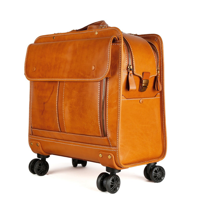 Genuine Vintage Italian Vegetable Tanned Leather 20-inch Carry-on Universal wheel Cabin Rolling Spinner Travel Luggage-4