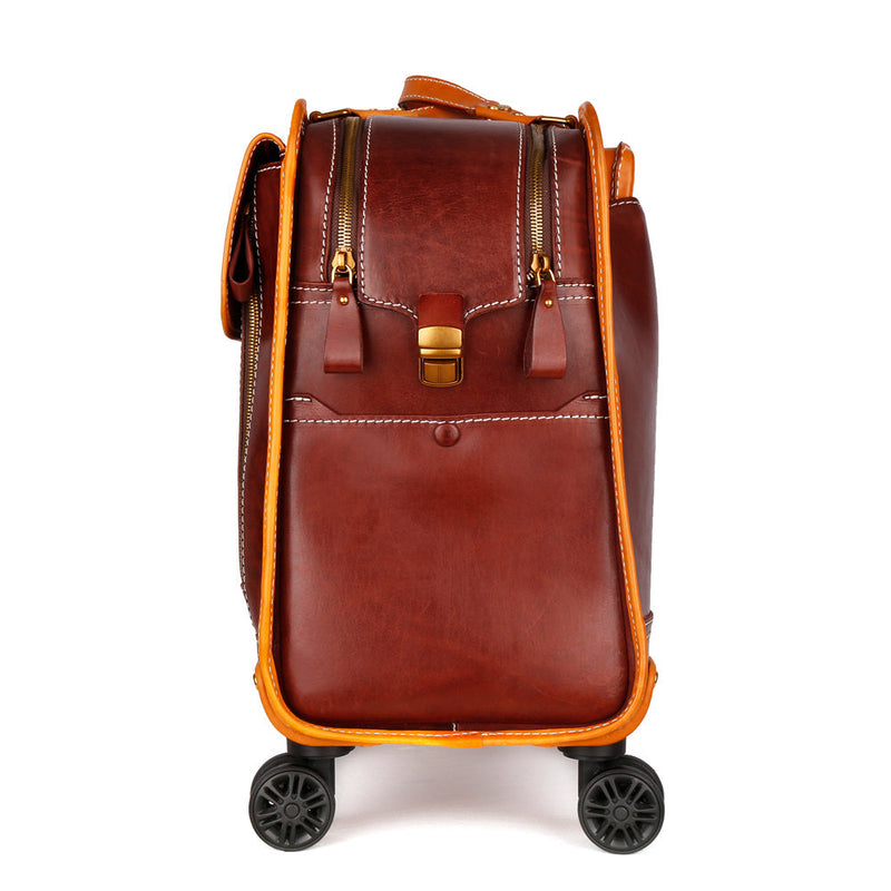 Genuine Vintage Italian Vegetable Tanned Leather 20-inch Carry-on Universal wheel Cabin Rolling Spinner Travel Luggage-12
