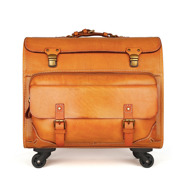 20" Vintage Vegetable Tanned Leather Carry-On Rolling Luggage, Universal Spinner Old Vintage Vegetable Tanned Leather Wheeled Suitcase Camel-0