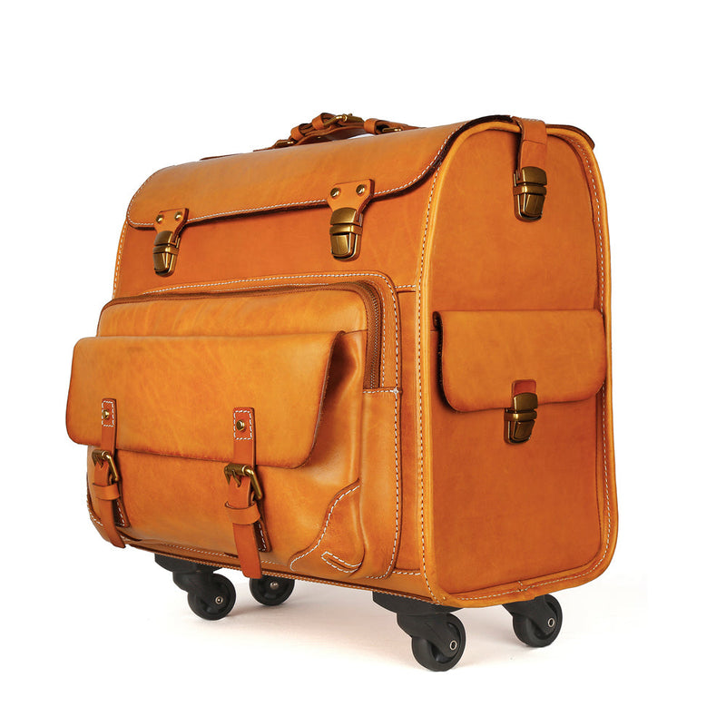 20" Vintage Vegetable Tanned Leather Carry-On Rolling Luggage, Universal Spinner Old Vintage Vegetable Tanned Leather Wheeled Suitcase Camel-1