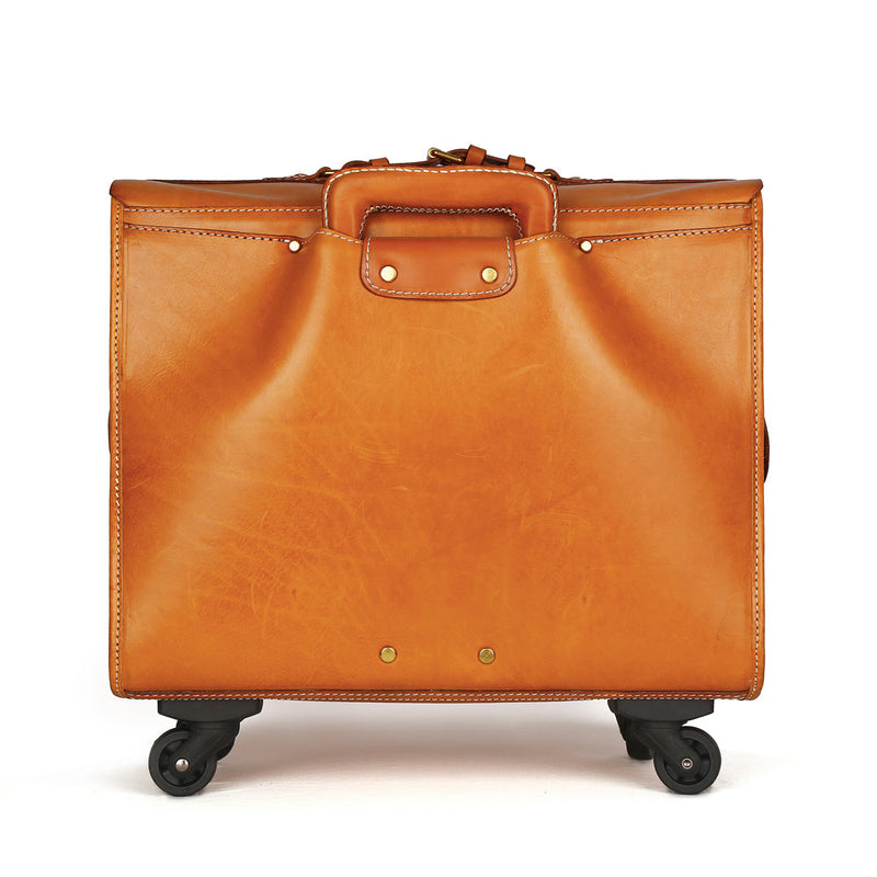20" Vintage Vegetable Tanned Leather Carry-On Rolling Luggage, Universal Spinner Old Vintage Vegetable Tanned Leather Wheeled Suitcase Camel-3