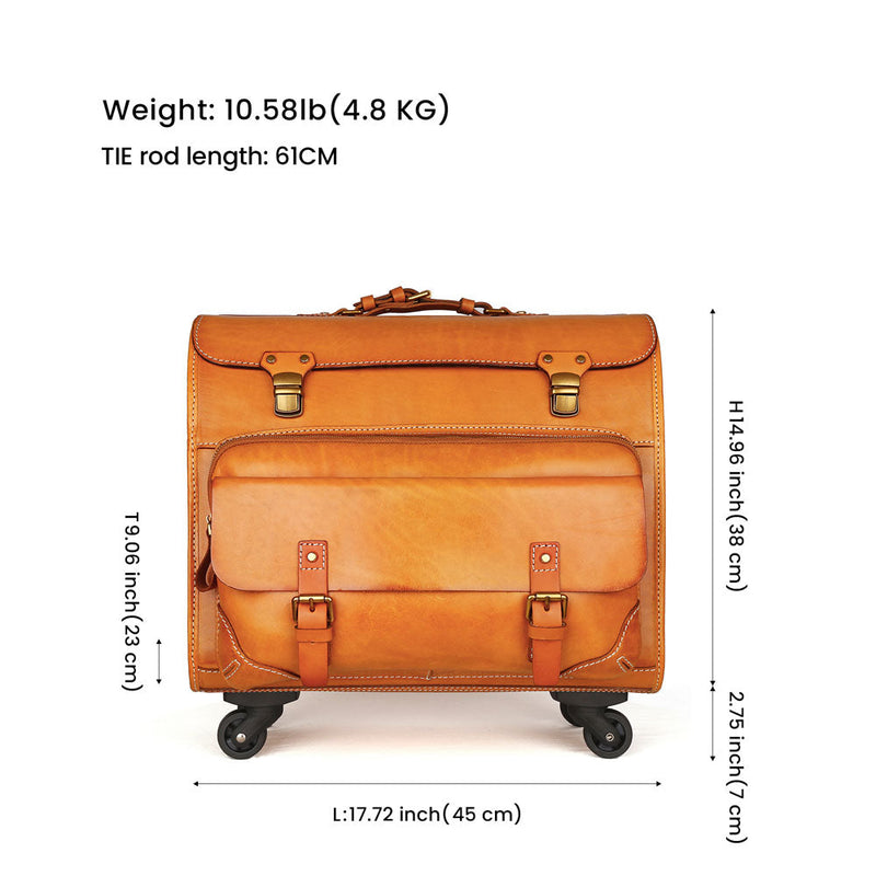 20" Vintage Vegetable Tanned Leather Carry-On Rolling Luggage, Universal Spinner Old Vintage Vegetable Tanned Leather Wheeled Suitcase Camel-7