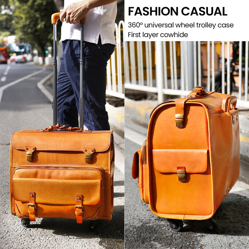 20" Vintage Vegetable Tanned Leather Carry-On Rolling Luggage, Universal Spinner Old Vintage Vegetable Tanned Leather Wheeled Suitcase Camel-9