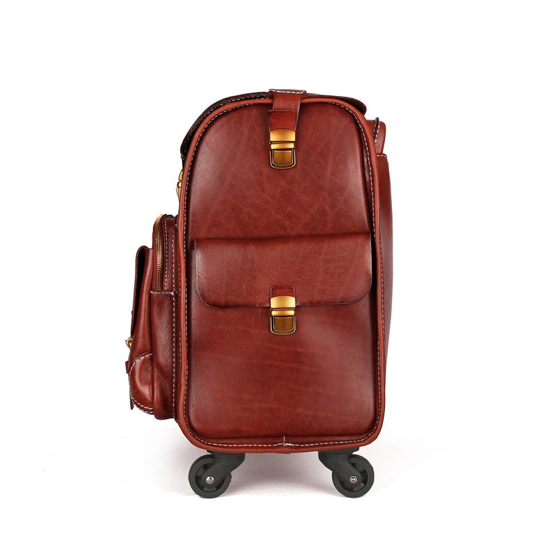 20" Vintage Vegetable Tanned Leather Carry-On Rolling Luggage, Universal Spinner Old Vintage Vegetable Tanned Leather Wheeled Suitcase Brown-2