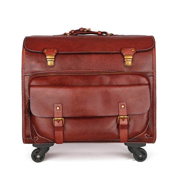 20" Vintage Vegetable Tanned Leather Carry-On Rolling Luggage, Universal Spinner Old Vintage Vegetable Tanned Leather Wheeled Suitcase Brown-0