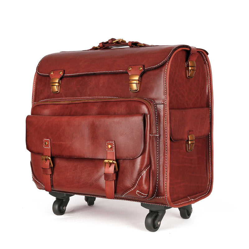 20" Vintage Vegetable Tanned Leather Carry-On Rolling Luggage, Universal Spinner Old Vintage Vegetable Tanned Leather Wheeled Suitcase Brown-1