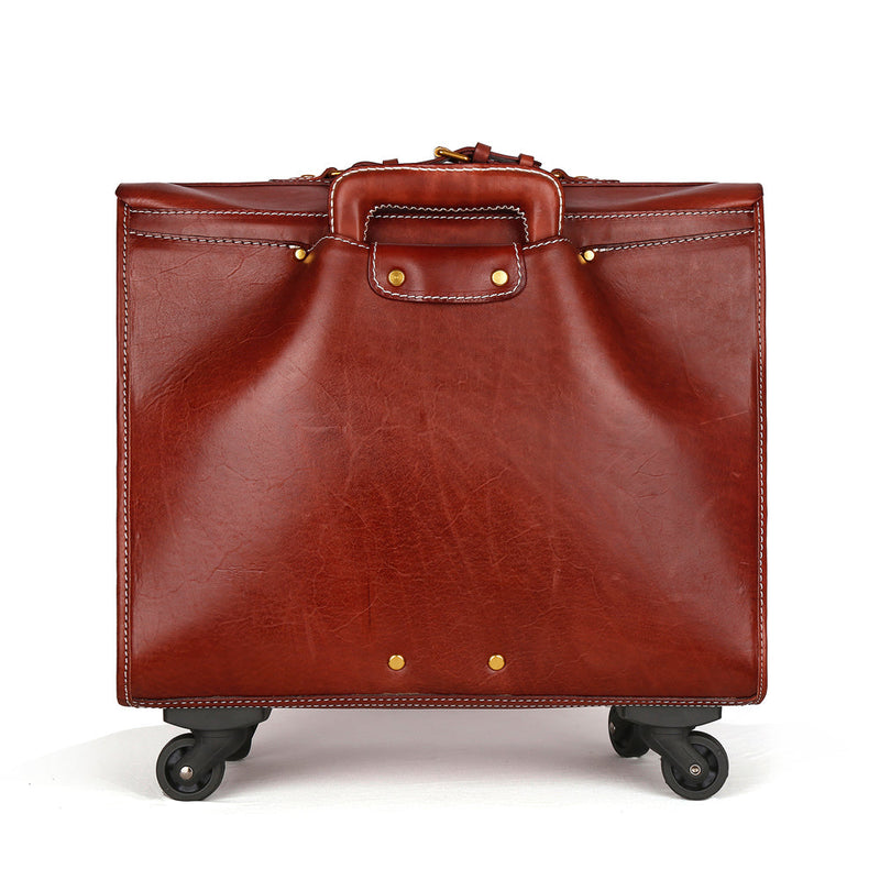 20" Vintage Vegetable Tanned Leather Carry-On Rolling Luggage, Universal Spinner Old Vintage Vegetable Tanned Leather Wheeled Suitcase Brown-3