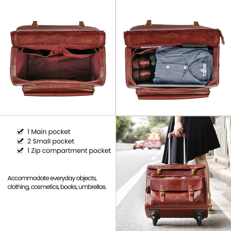 20" Vintage Vegetable Tanned Leather Carry-On Rolling Luggage, Universal Spinner Old Vintage Vegetable Tanned Leather Wheeled Suitcase Brown-7