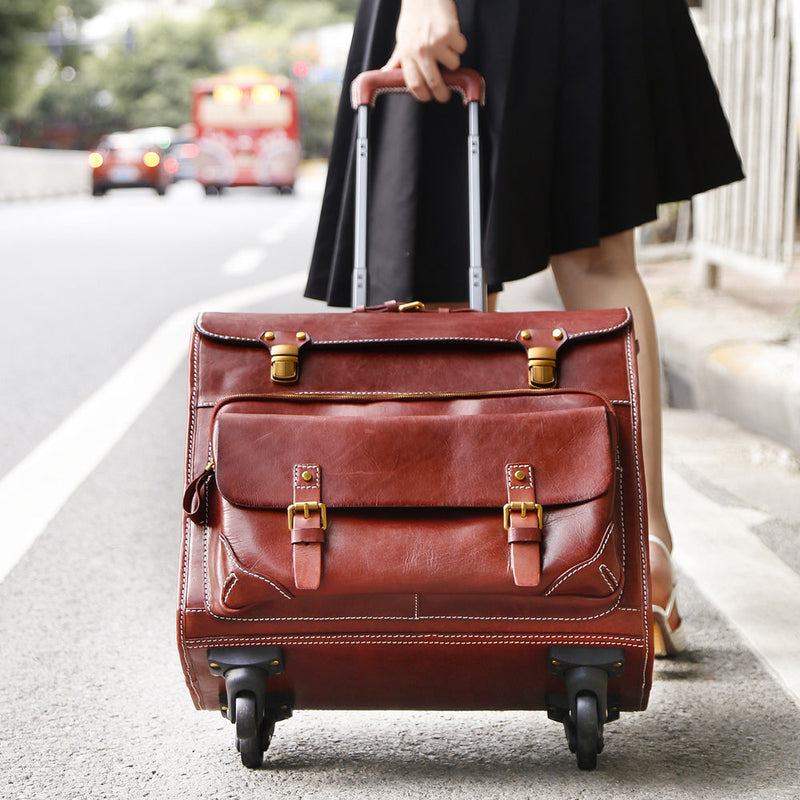 20" Vintage Vegetable Tanned Leather Carry-On Rolling Luggage, Universal Spinner Old Vintage Vegetable Tanned Leather Wheeled Suitcase Brown-11