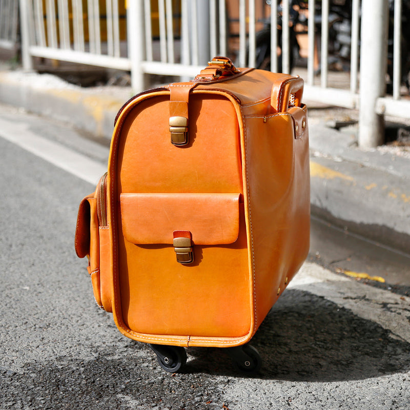 20" Vintage Vegetable Tanned Leather Carry-On Rolling Luggage, Universal Spinner Old Vintage Vegetable Tanned Leather Wheeled Suitcase Camel-11