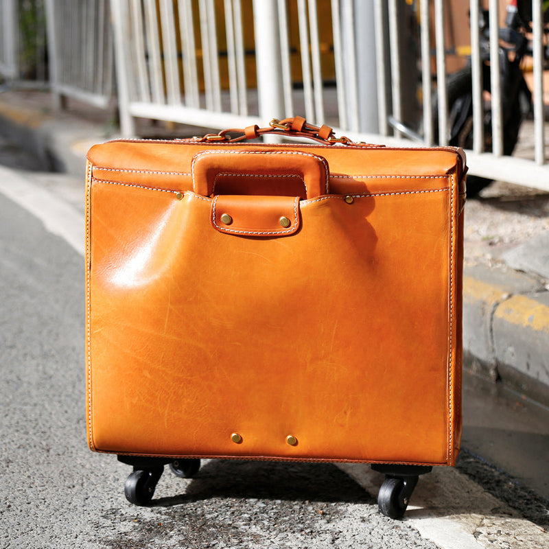 20" Vintage Vegetable Tanned Leather Carry-On Rolling Luggage, Universal Spinner Old Vintage Vegetable Tanned Leather Wheeled Suitcase Camel-12