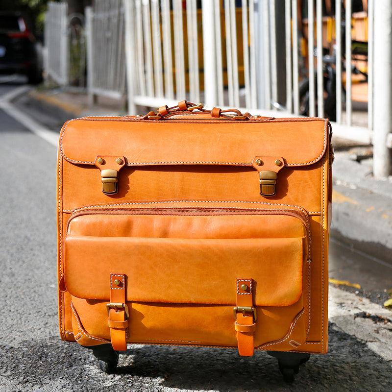20" Vintage Vegetable Tanned Leather Carry-On Rolling Luggage, Universal Spinner Old Vintage Vegetable Tanned Leather Wheeled Suitcase Camel-10