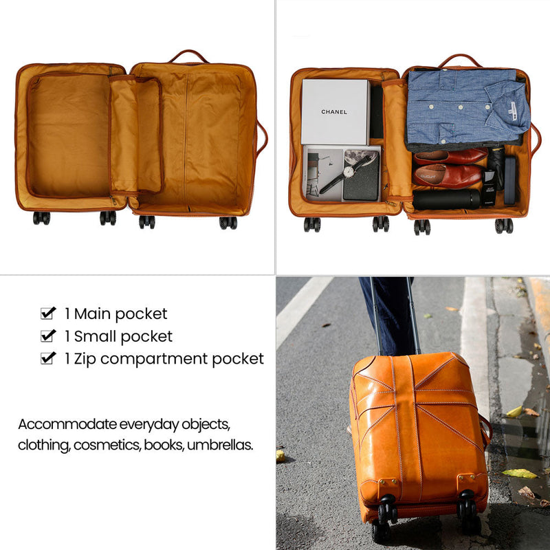 Unisex Genuine Vintage Vegetable Tanned Leather Carry On Business Trolley Bag Rotate Universal Wheel 20 Inch Travelling Luggage Bag-9