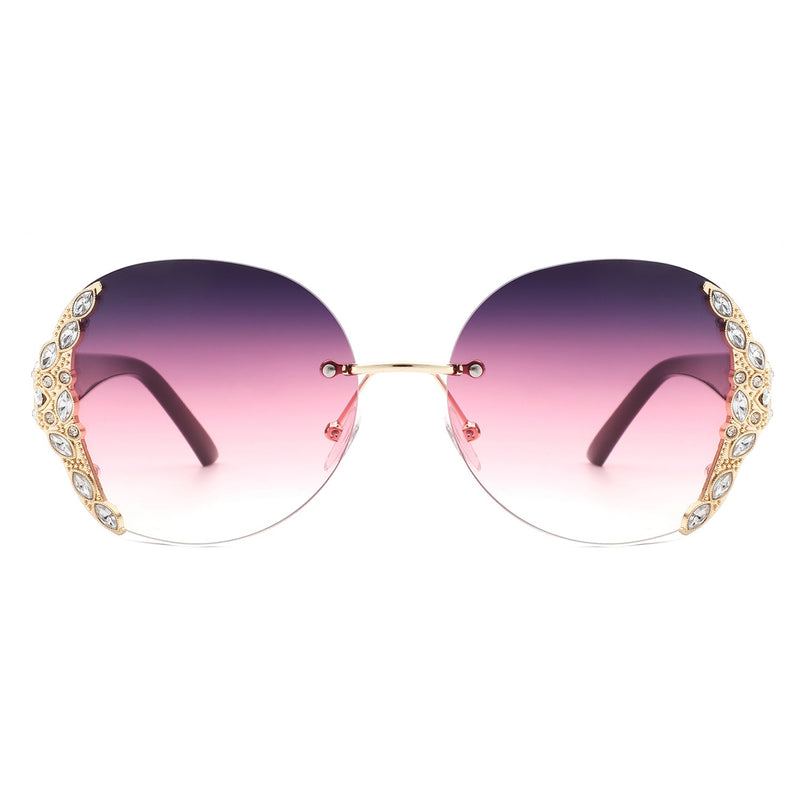 Jadeisle - Women Oval Rimless Rhinestone Design Round Oversize Sunglasses-1