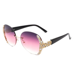 Jadeisle - Women Oval Rimless Rhinestone Design Round Oversize Sunglasses-0