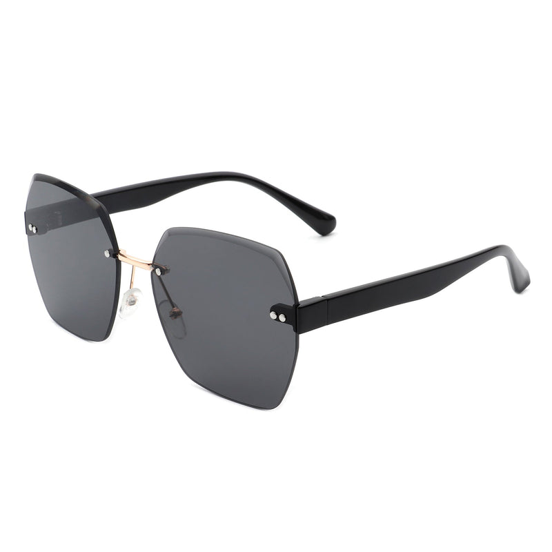 Ezernova - Oversize Square Geometric Rimless Tinted Fashion Sunglasses-2