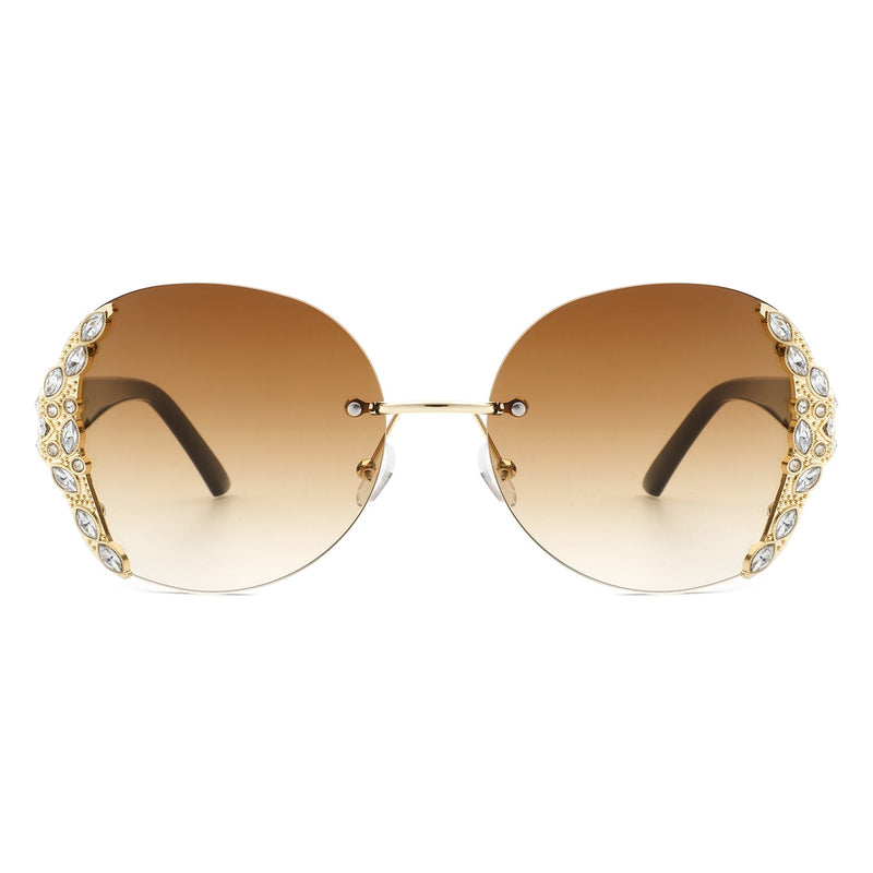 Jadeisle - Women Oval Rimless Rhinestone Design Round Oversize Sunglasses-2