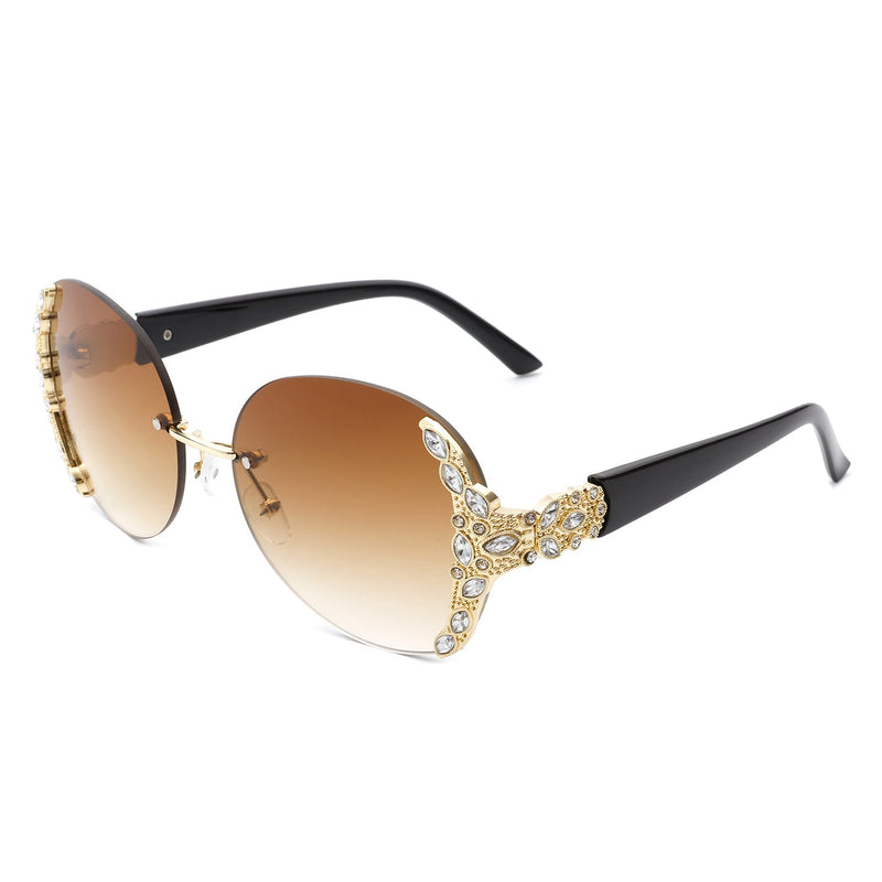 Jadeisle - Women Oval Rimless Rhinestone Design Round Oversize Sunglasses-3
