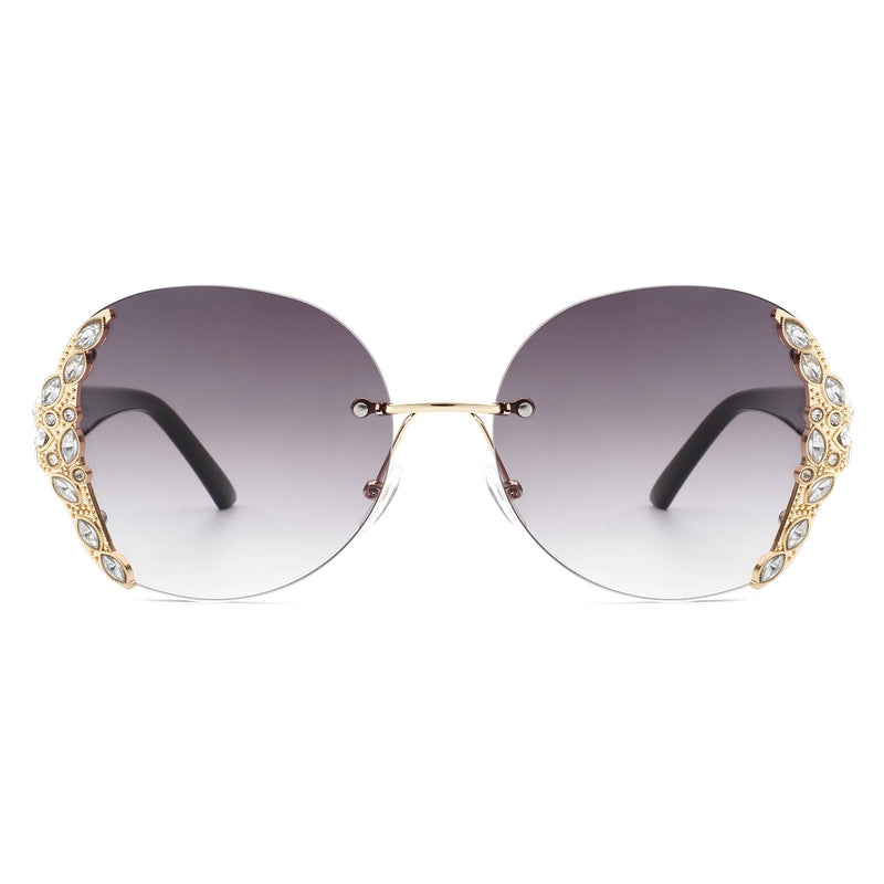 Jadeisle - Women Oval Rimless Rhinestone Design Round Oversize Sunglasses-4