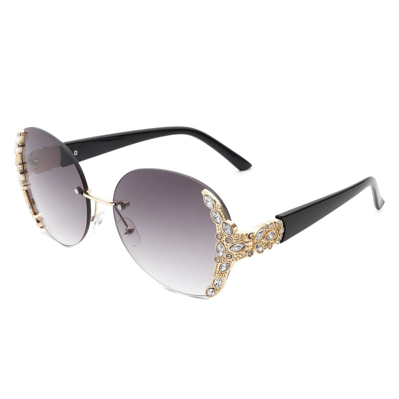 Jadeisle - Women Oval Rimless Rhinestone Design Round Oversize Sunglasses-5