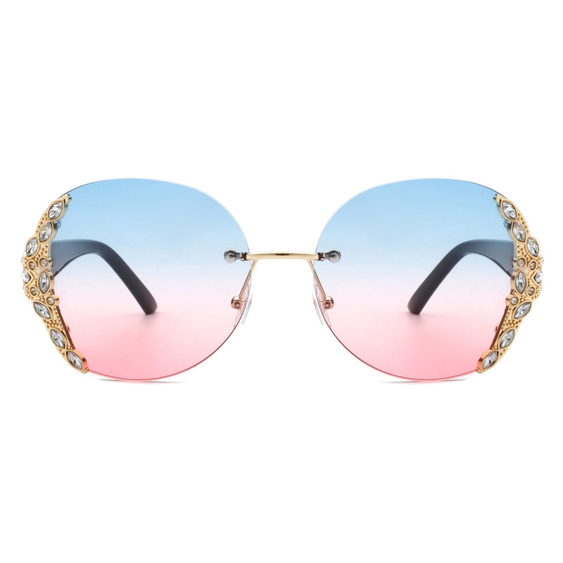 Jadeisle - Women Oval Rimless Rhinestone Design Round Oversize Sunglasses-6