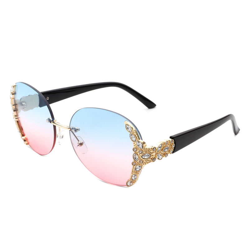 Jadeisle - Women Oval Rimless Rhinestone Design Round Oversize Sunglasses-7