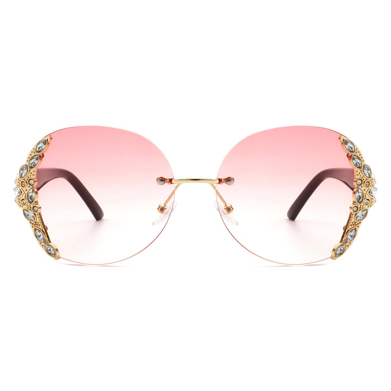 Jadeisle - Women Oval Rimless Rhinestone Design Round Oversize Sunglasses-8