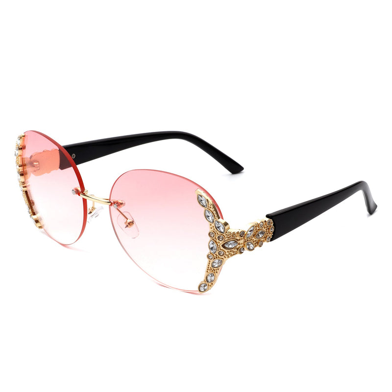 Jadeisle - Women Oval Rimless Rhinestone Design Round Oversize Sunglasses-9