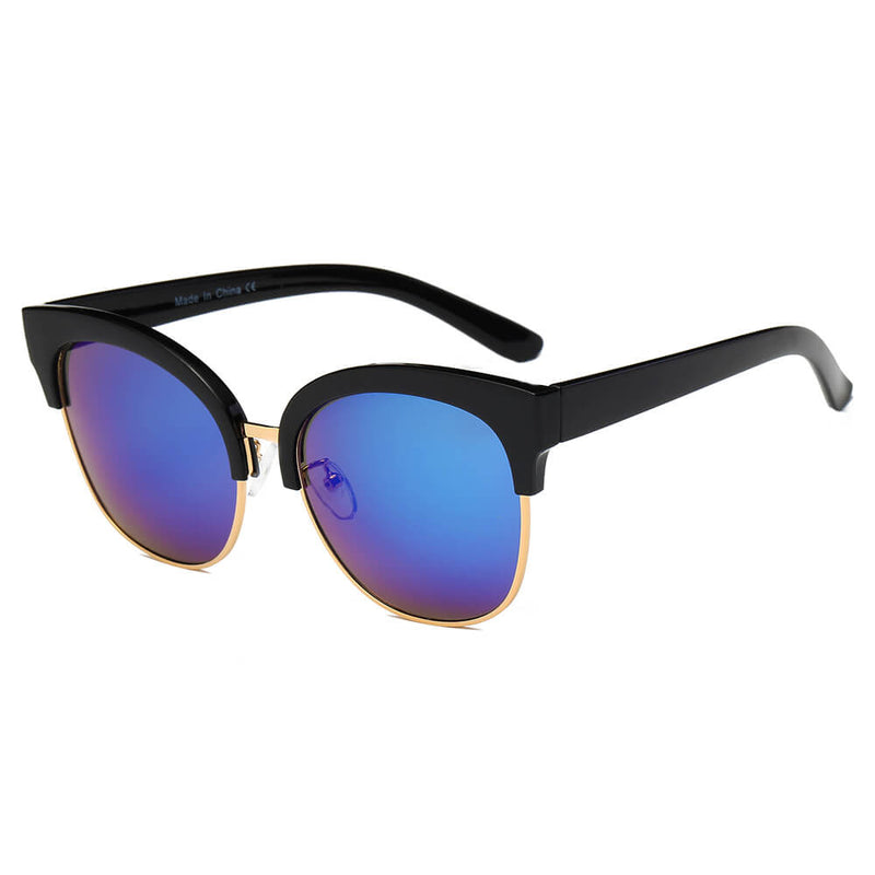 JENISON | Flat Mirrored Lens Clubmaster Horned Rim Sunglasses-2