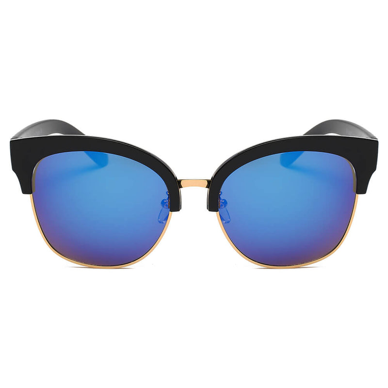 JENISON | Flat Mirrored Lens Clubmaster Horned Rim Sunglasses-3