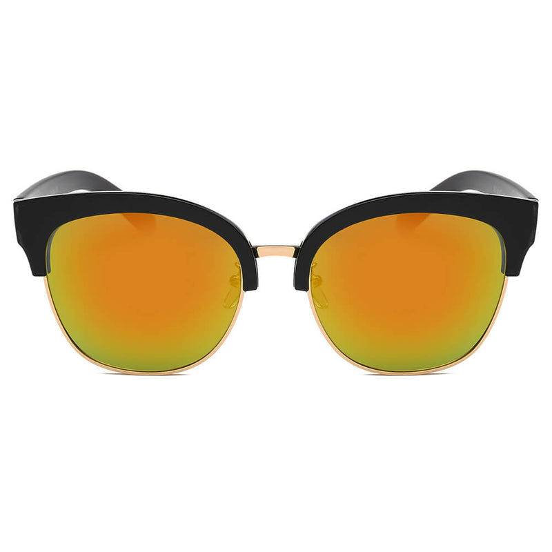 JENISON | Flat Mirrored Lens Clubmaster Horned Rim Sunglasses-5