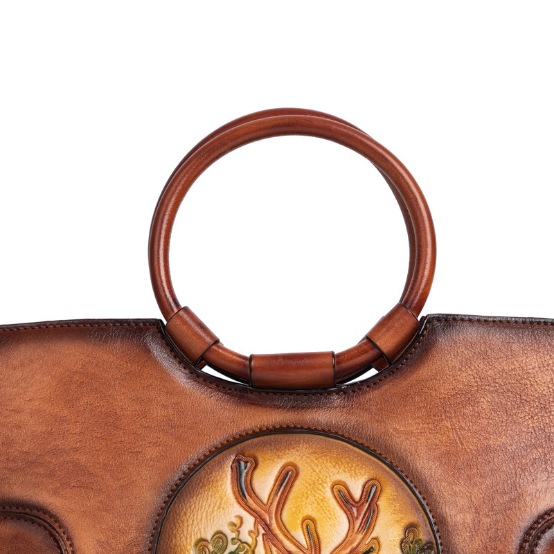 Fashion Large Capacity Round Handle Vintage Leather Shoulder Tote Bag-6