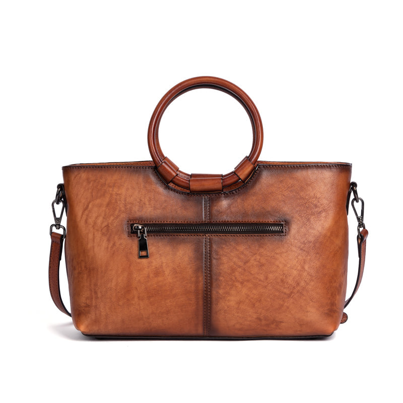 Fashion Large Capacity Round Handle Vintage Leather Shoulder Tote Bag-8