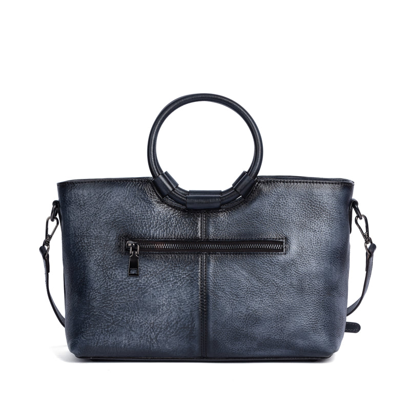 Fashion Large Capacity Round Handle Vintage Leather Shoulder Tote Bag-2
