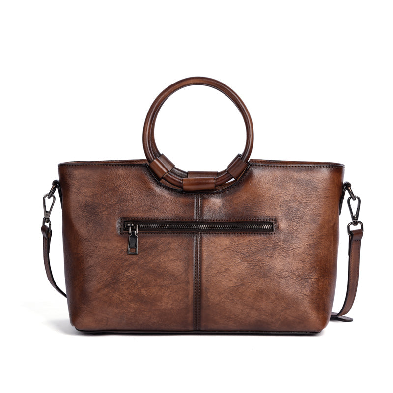 Fashion Large Capacity Round Handle Vintage Leather Shoulder Tote Bag-3