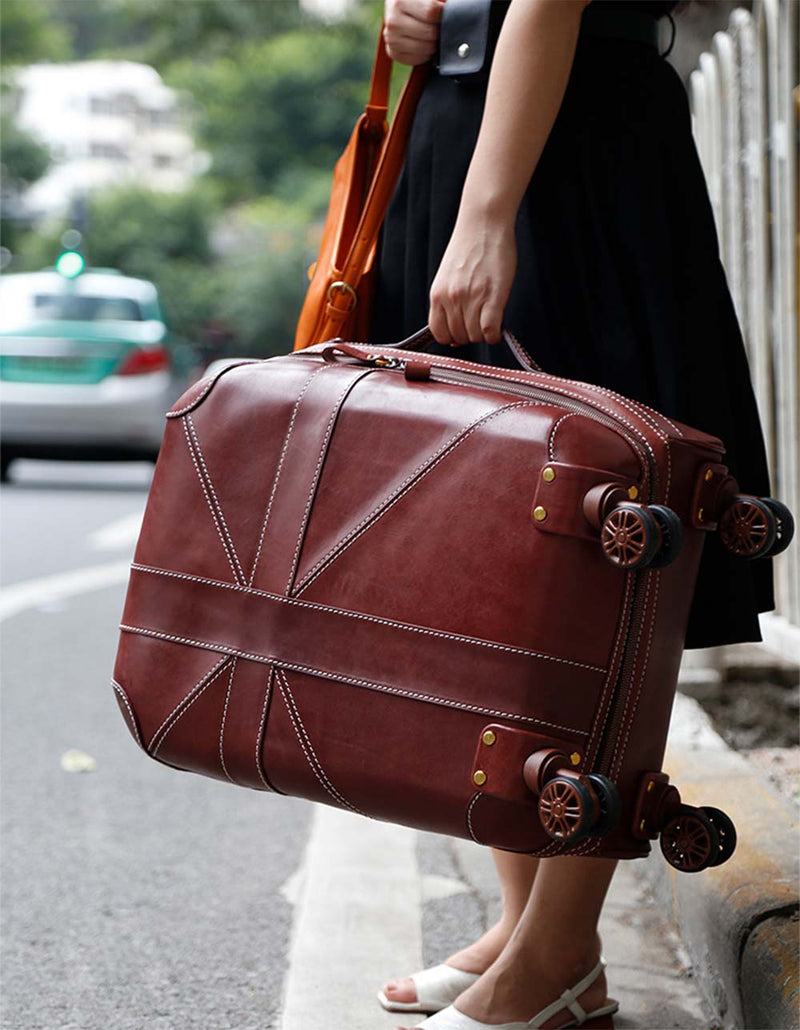 Unisex Genuine Vintage Vegetable Tanned Leather Carry On Business Trolley Bag Rotate Universal Wheel 20 Inch Travelling Luggage Bag-24