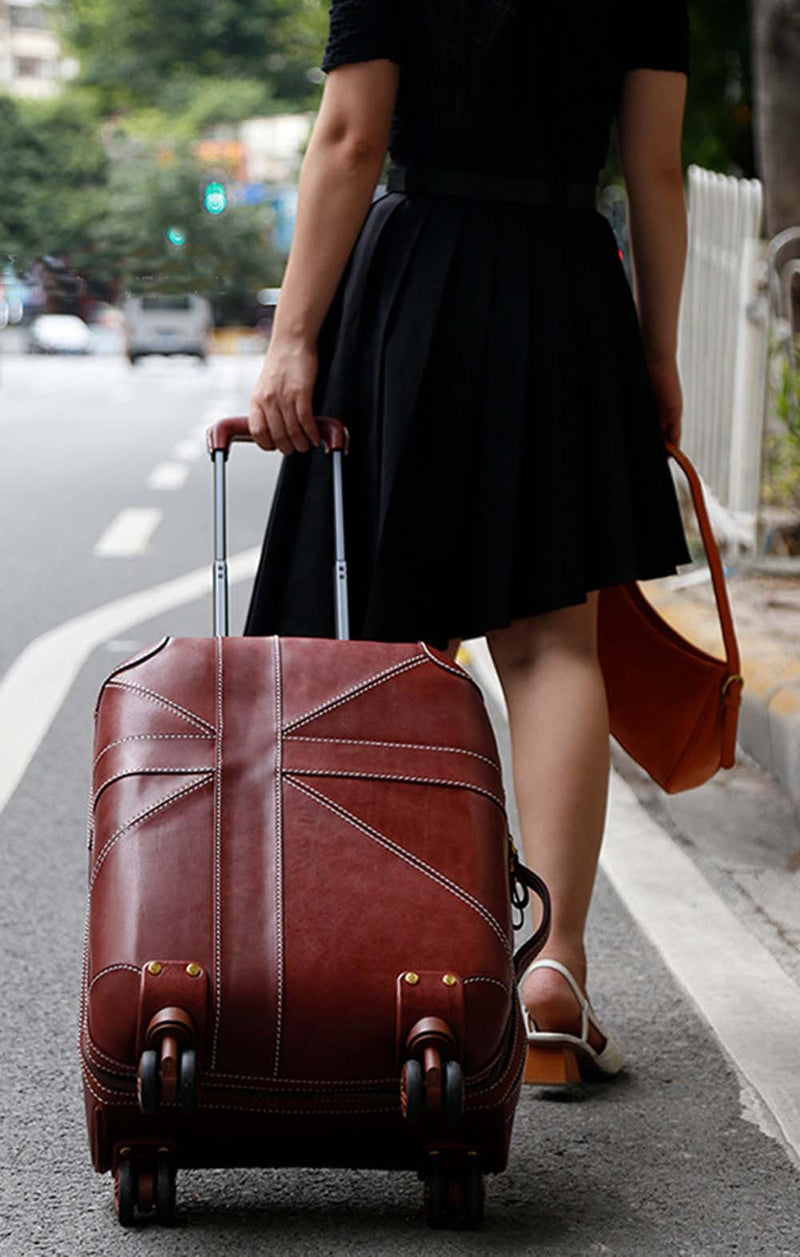 Unisex Genuine Vintage Vegetable Tanned Leather Carry On Business Trolley Bag Rotate Universal Wheel 20 Inch Travelling Luggage Bag-25