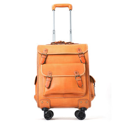 Genuine Vintage Vegetable Tanned Leather Check-In  Carry On Business Rolling Bag Rotate Universal Wheel 23 Inch Leather Business Trolley Bag-0