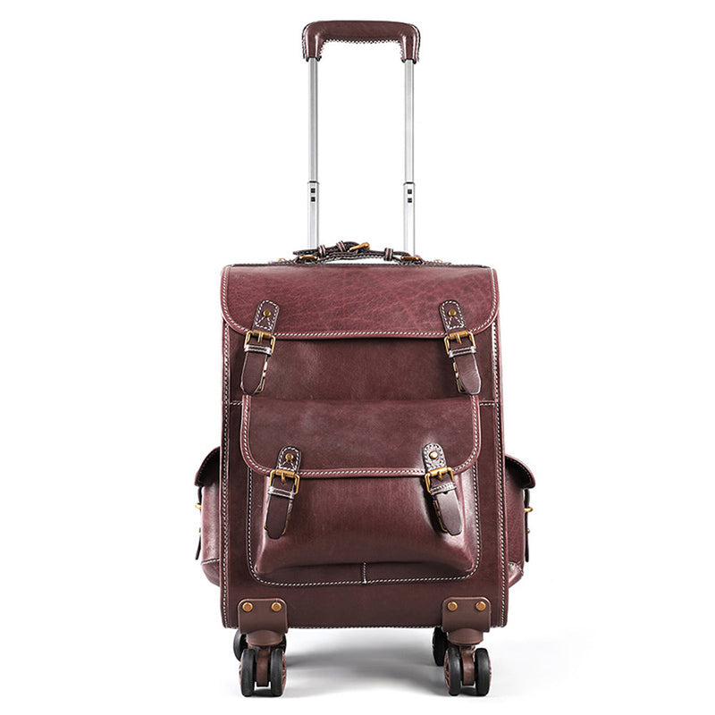 Genuine Vintage Vegetable Tanned Leather Check-In  Carry On Business Rolling Bag Rotate Universal Wheel 23 Inch Leather Business Trolley Bag-1