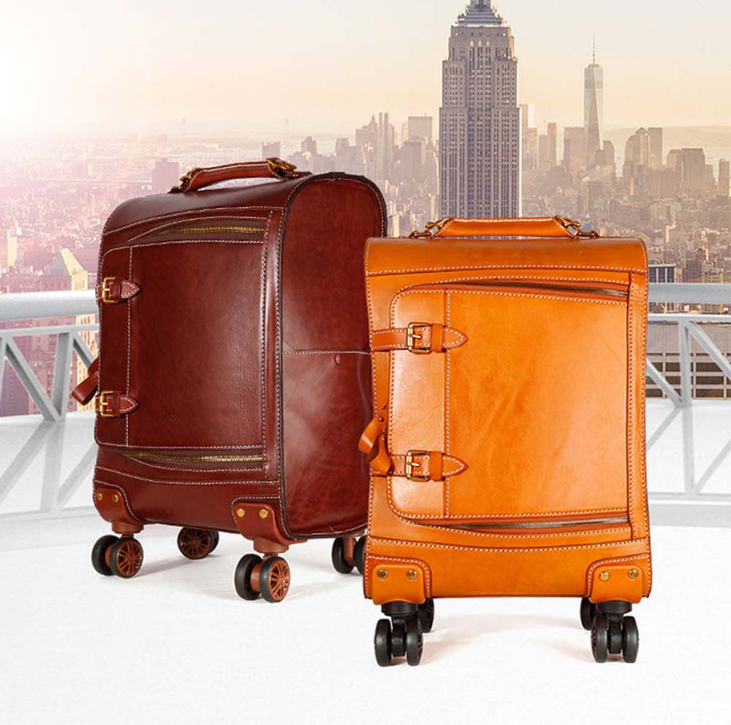 Unisex Genuine Vintage Vegetable Tanned Leather Check-In Carry On Business Rolling Bag Rotate Universal Wheel 20 Inch Travelling Trolley Luggage Business Trolley Bag-0