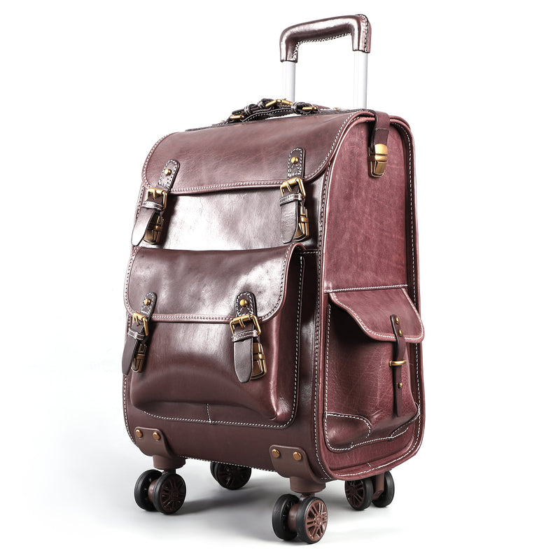 Genuine Vintage Vegetable Tanned Leather Check-In  Carry On Business Rolling Bag Rotate Universal Wheel 23 Inch Leather Business Trolley Bag-6