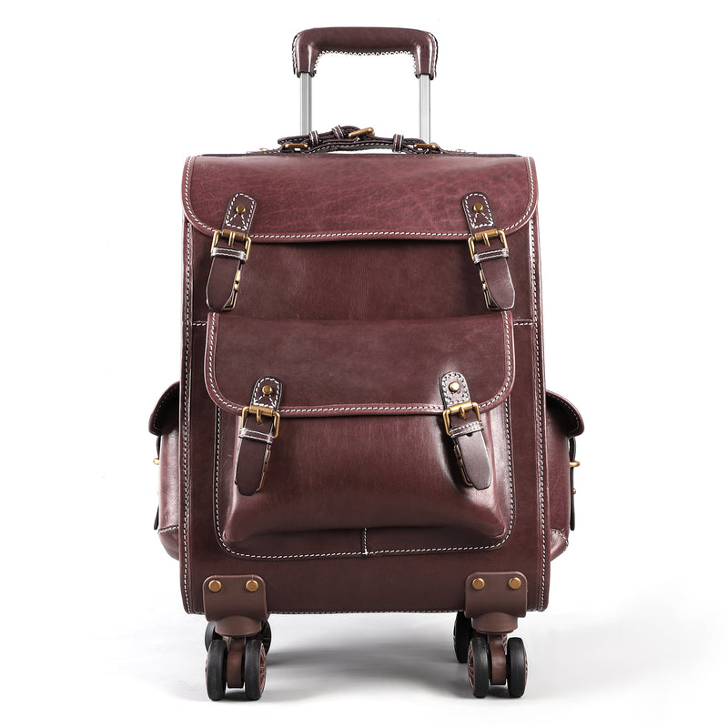 Genuine Vintage Vegetable Tanned Leather Check-In  Carry On Business Rolling Bag Rotate Universal Wheel 23 Inch Leather Business Trolley Bag-3