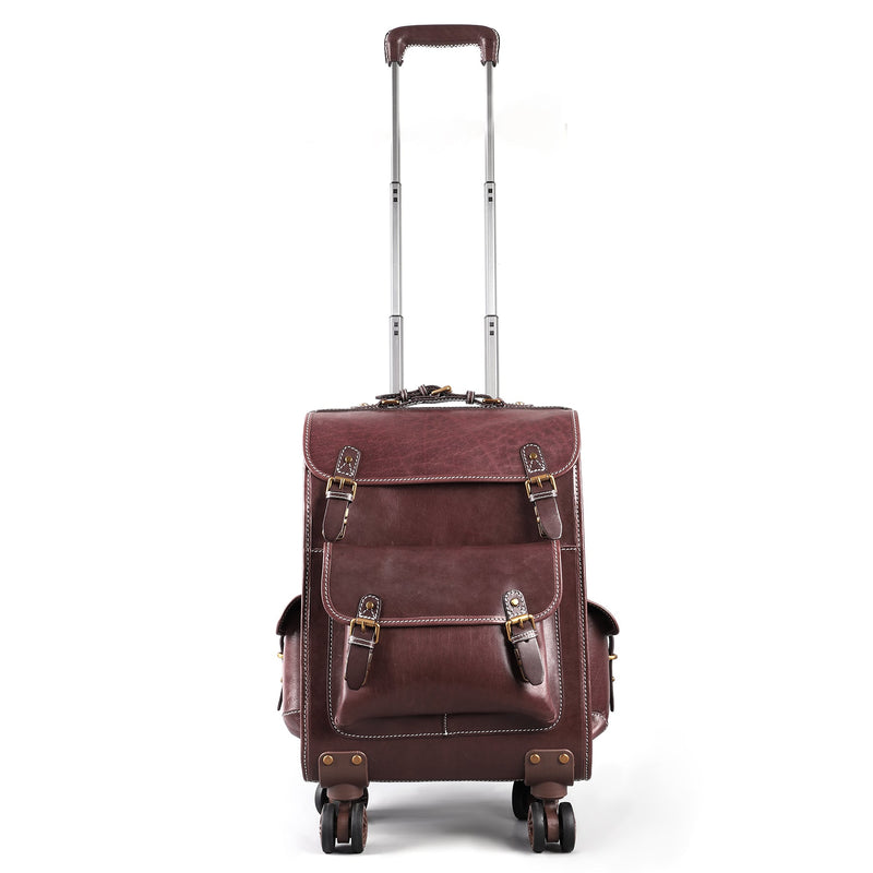 Genuine Vintage Vegetable Tanned Leather Check-In  Carry On Business Rolling Bag Rotate Universal Wheel 23 Inch Leather Business Trolley Bag-5