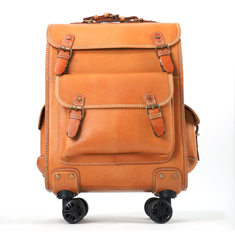 Genuine Vintage Vegetable Tanned Leather Check-In  Carry On Business Rolling Bag Rotate Universal Wheel 23 Inch Leather Business Trolley Bag-12