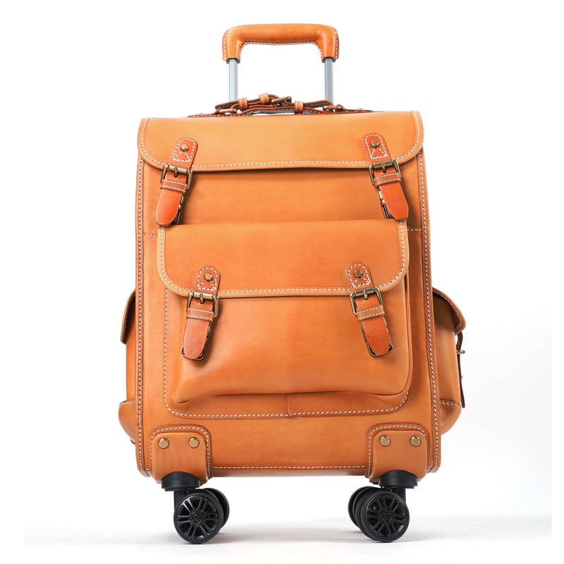 Genuine Vintage Vegetable Tanned Leather Check-In  Carry On Business Rolling Bag Rotate Universal Wheel 23 Inch Leather Business Trolley Bag-13