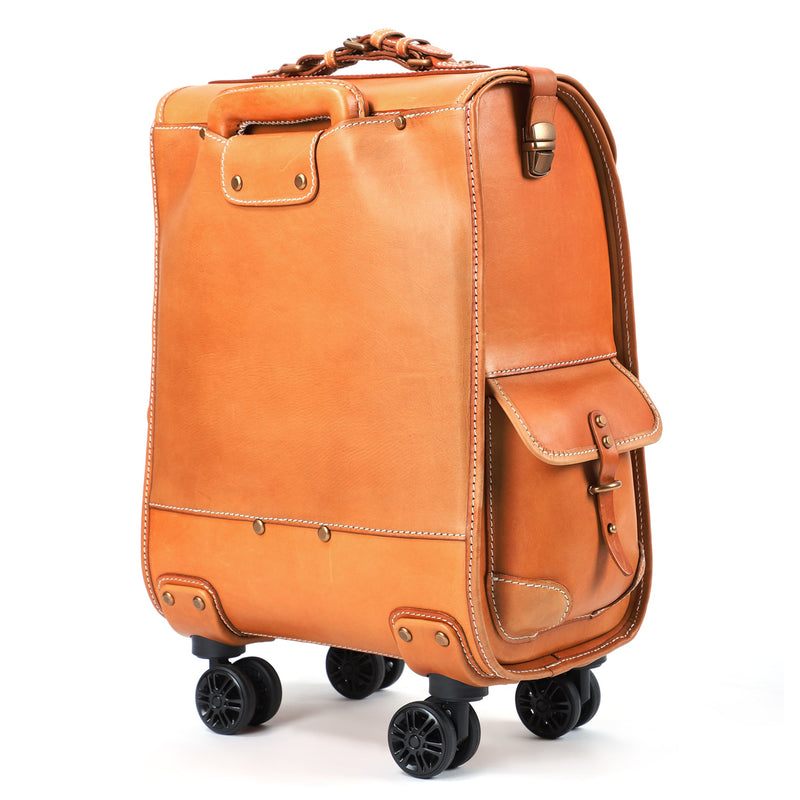 Genuine Vintage Vegetable Tanned Leather Check-In  Carry On Business Rolling Bag Rotate Universal Wheel 23 Inch Leather Business Trolley Bag-18