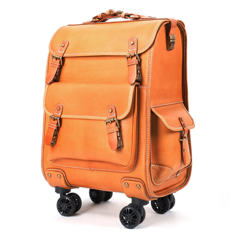 Genuine Vintage Vegetable Tanned Leather Check-In  Carry On Business Rolling Bag Rotate Universal Wheel 23 Inch Leather Business Trolley Bag-16